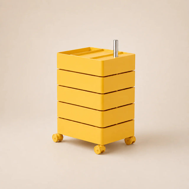 Yellow rolling cart with a silver handle on a beige background