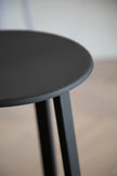Black round bar stool with a blurred background.