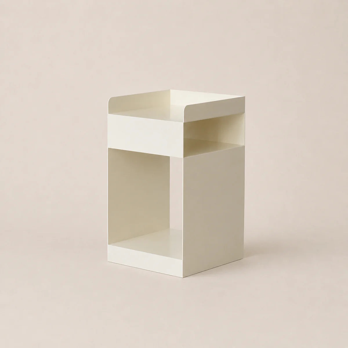 White cube-shaped shelf on a beige background