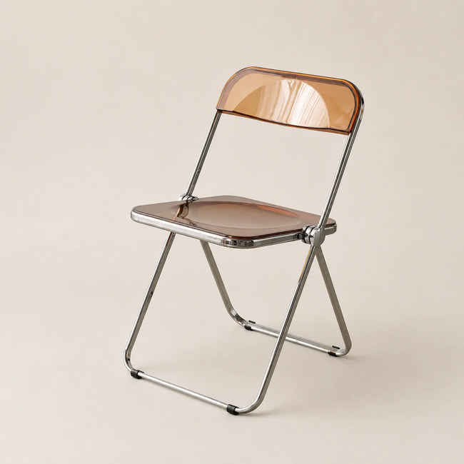 Foldable chair with transparent backrest and wooden seat on a beige background