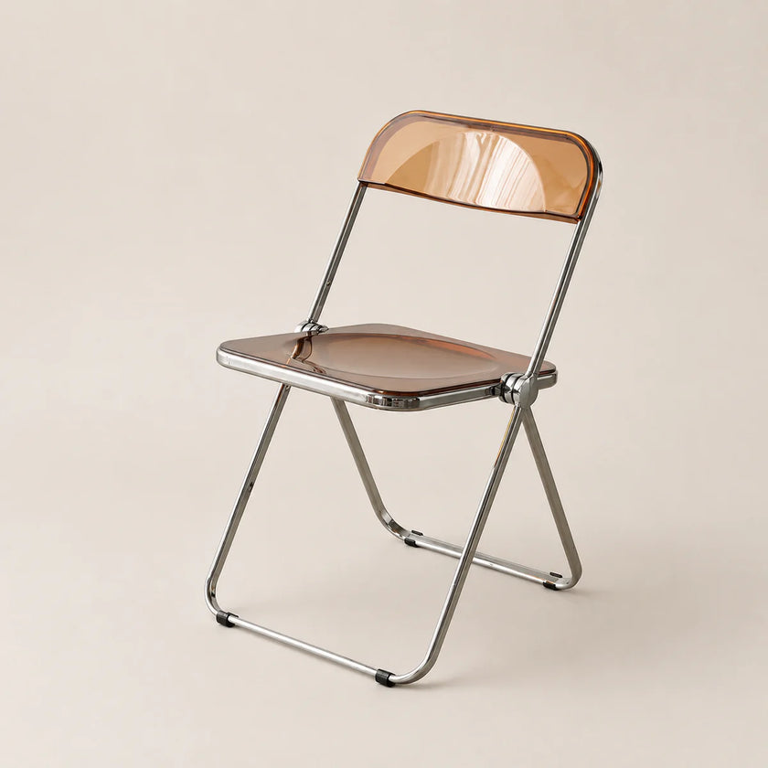 Foldable chair with transparent backrest and wooden seat on a beige background