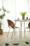 Modern dining area with a table and wooden chairs in a bright room.