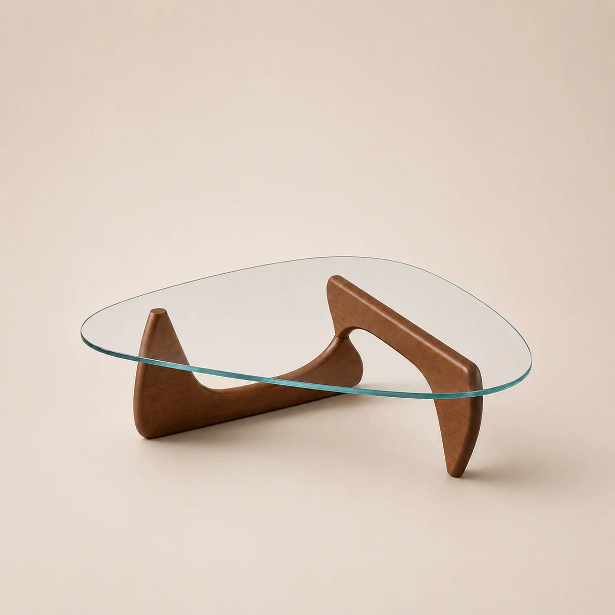 Glass coffee table with wooden base on a beige background