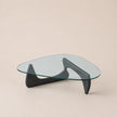 Modern glass coffee table with black legs on a beige background