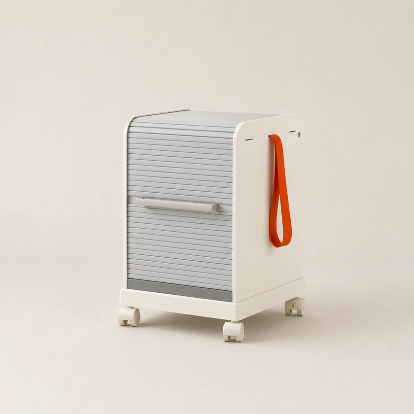 Modern rolling cart with a gray door and orange handle on a beige background