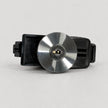 A replacement lock cylinder assembly for a door lock, featuring a circular brushed silver metal face with a black plastic housing and a small gold-colored keyway insert in the center.