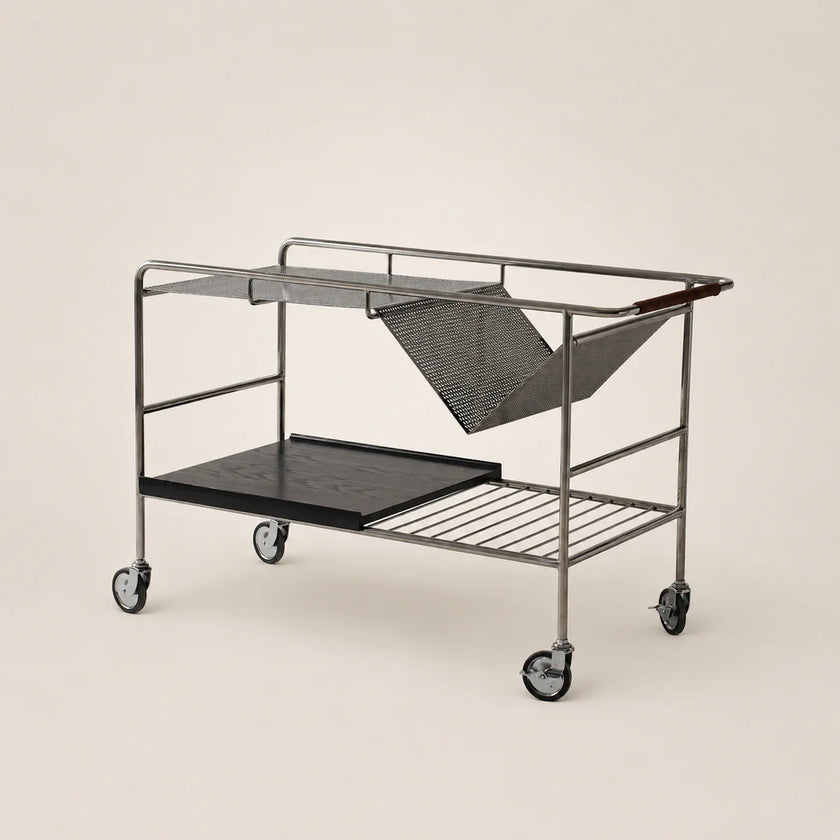 Metal trolley with shelves on a beige background