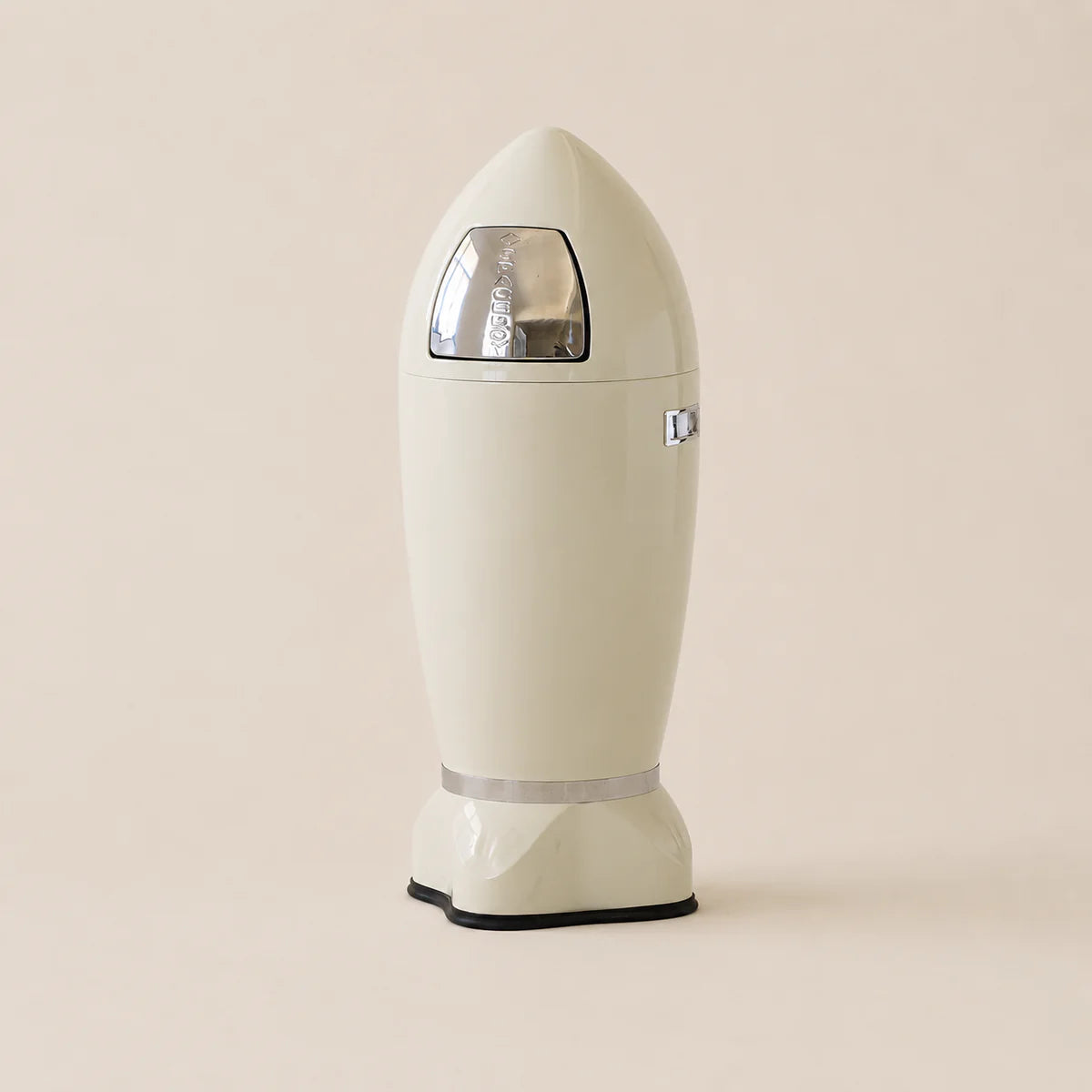 Beige trash can with metallic accents on a beige background