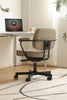 Beige office computer arm swivel chair in front of a desk with a laptop and mug.