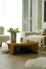Living room with a round small coffee table, white sofa, and decorative items.
