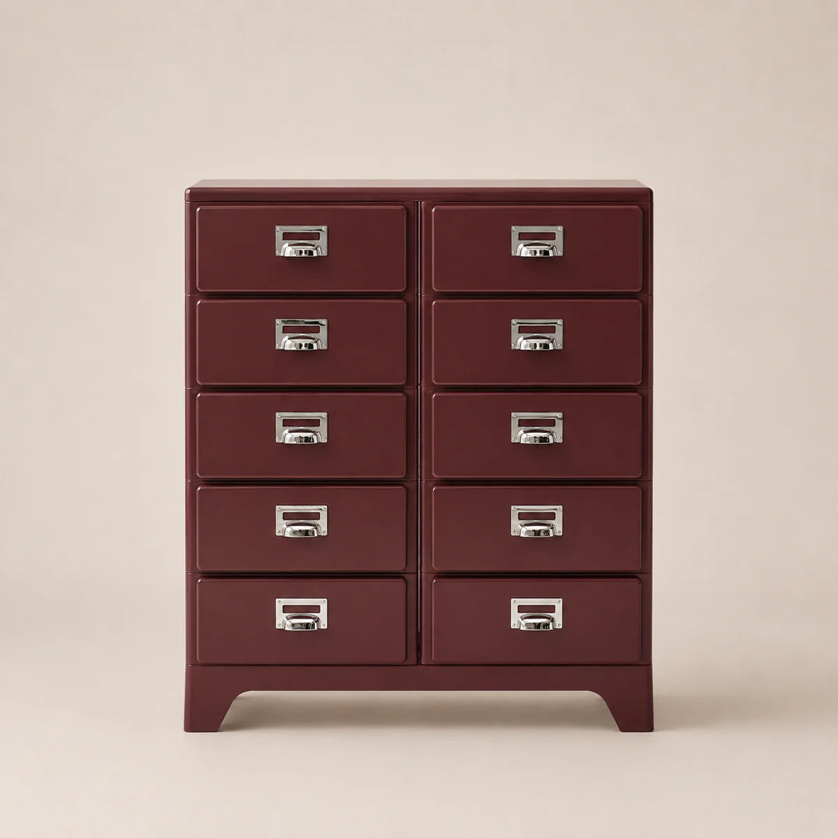 Red dresser with multiple drawers on a beige background
