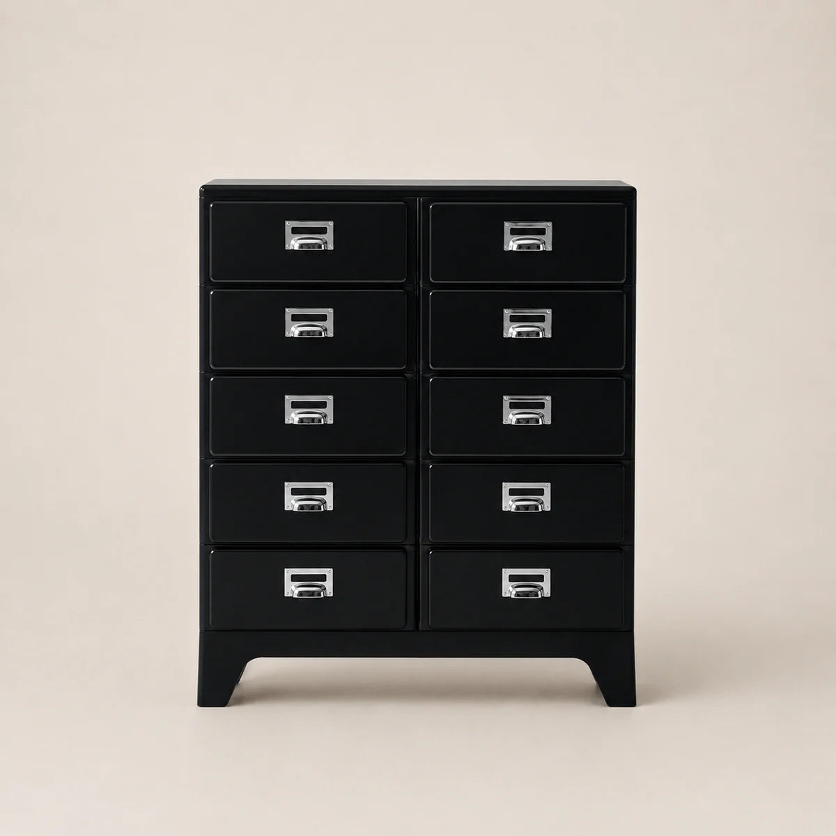 Black dresser with multiple drawers on a beige background