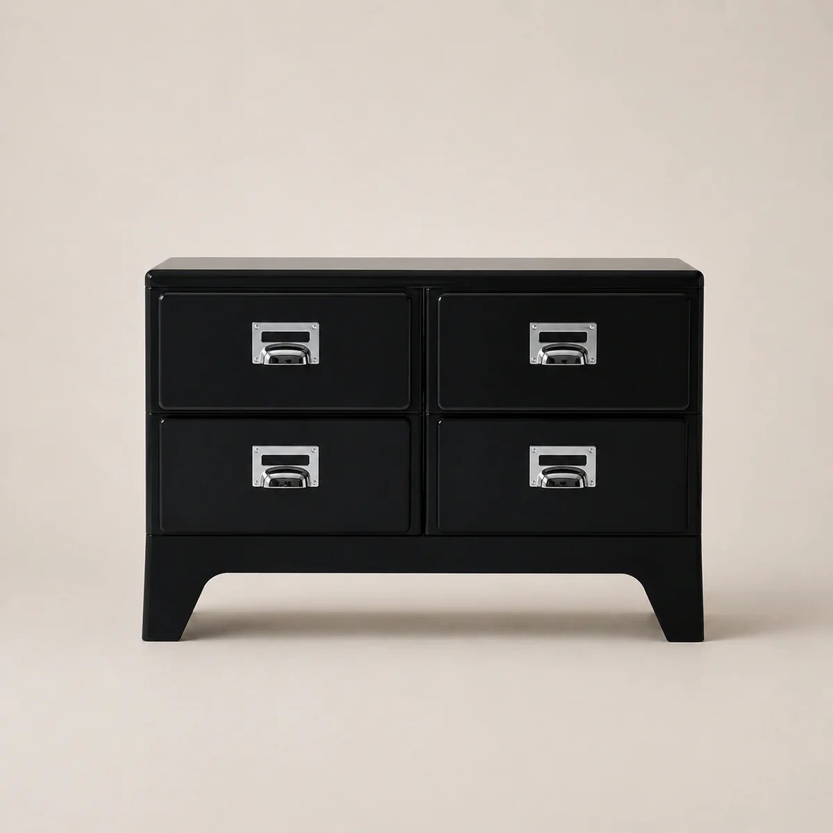 Black dresser with four drawers on a beige background