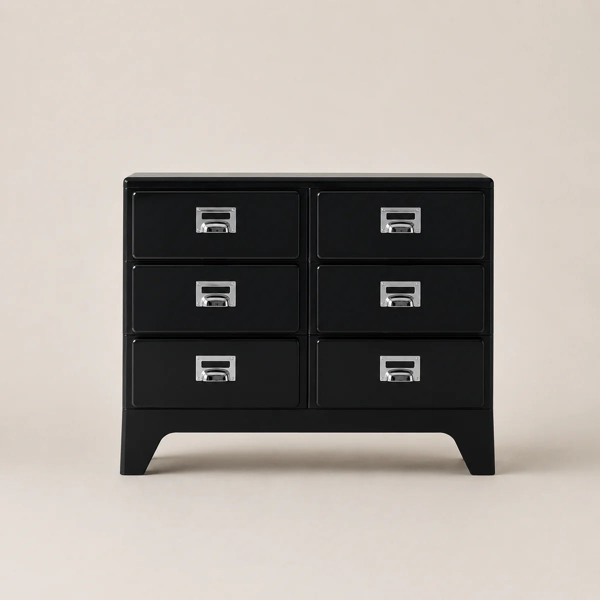 Black dresser with six drawers on a beige background