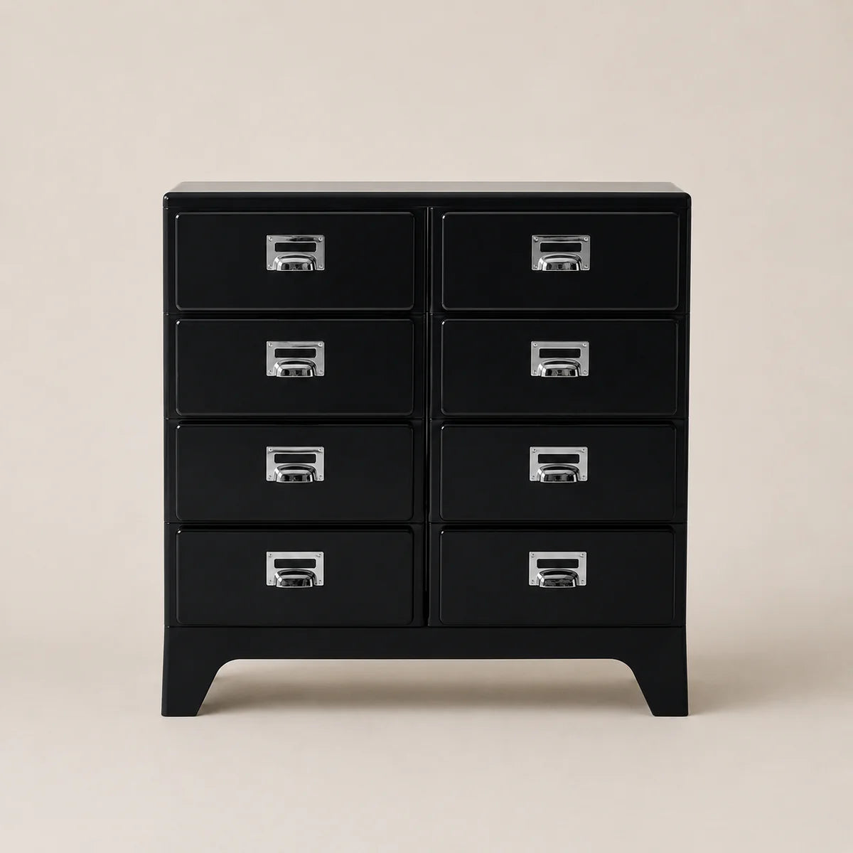 Black dresser with multiple drawers on a beige background