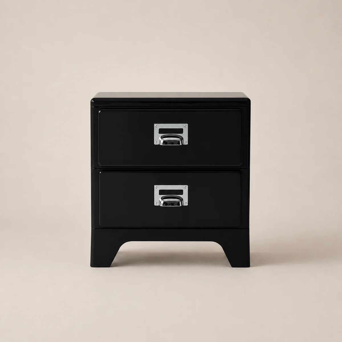 Black two-drawer nightstand with metal handles on a beige background