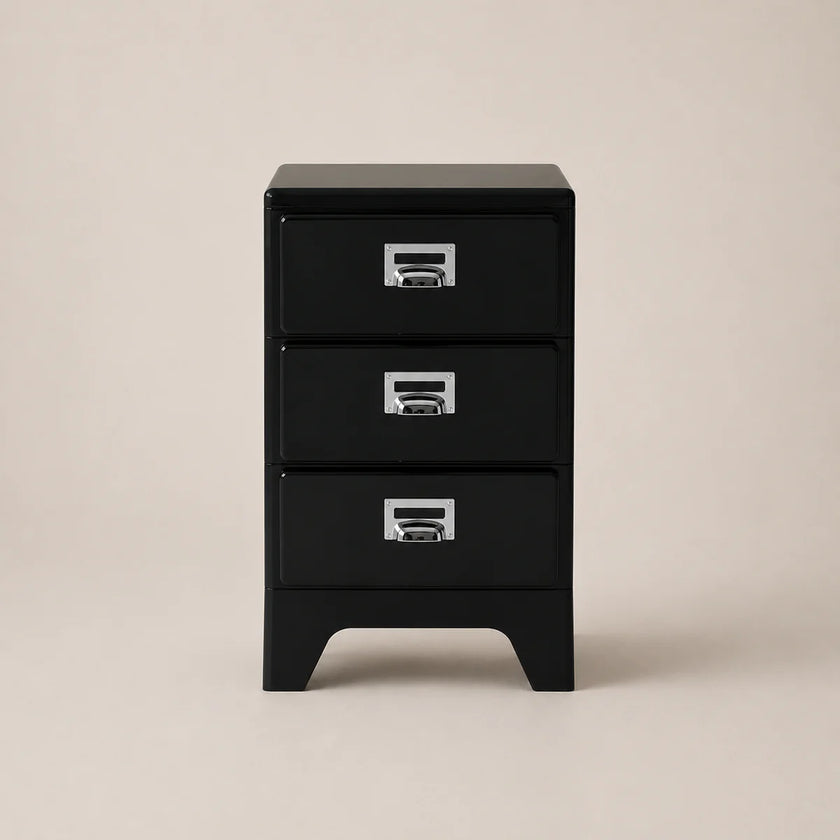 Black three-drawer filing cabinet on a beige background