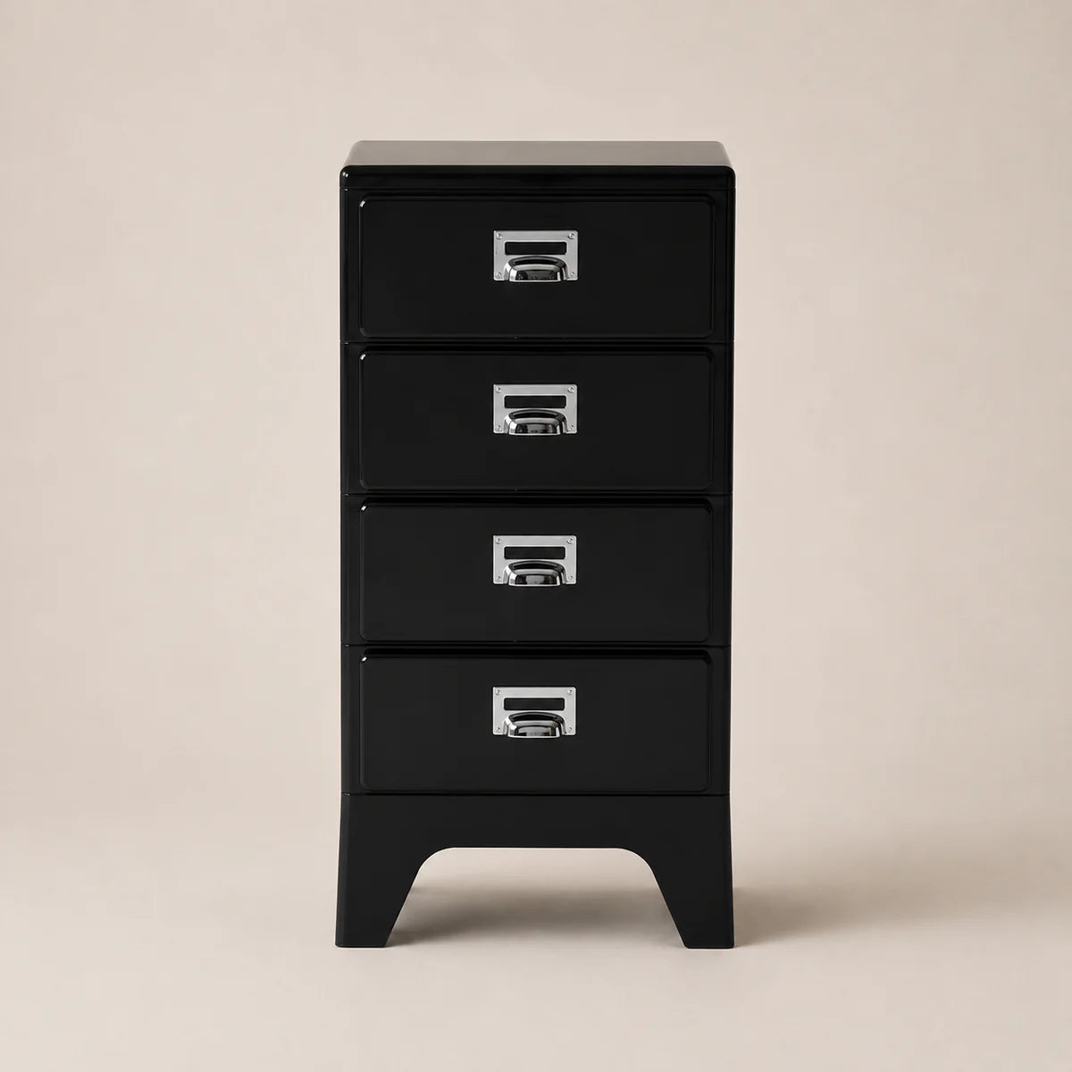 Black four-drawer filing cabinet on a beige background