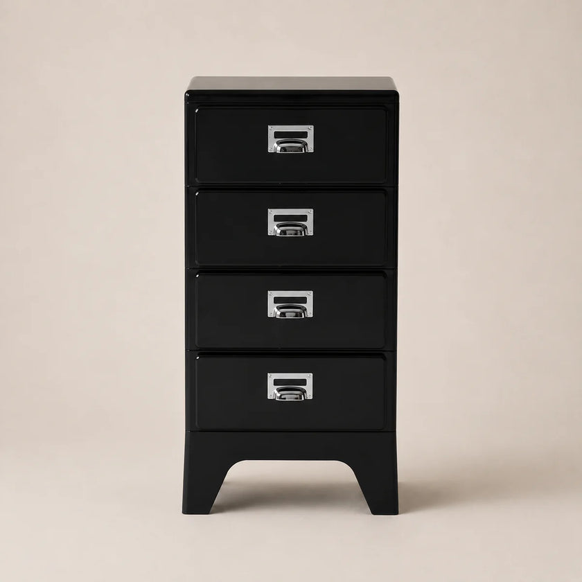 Black four-drawer filing cabinet on a beige background