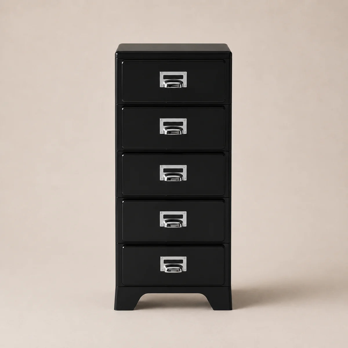 Black metal file cabinet with four drawers on a beige background
