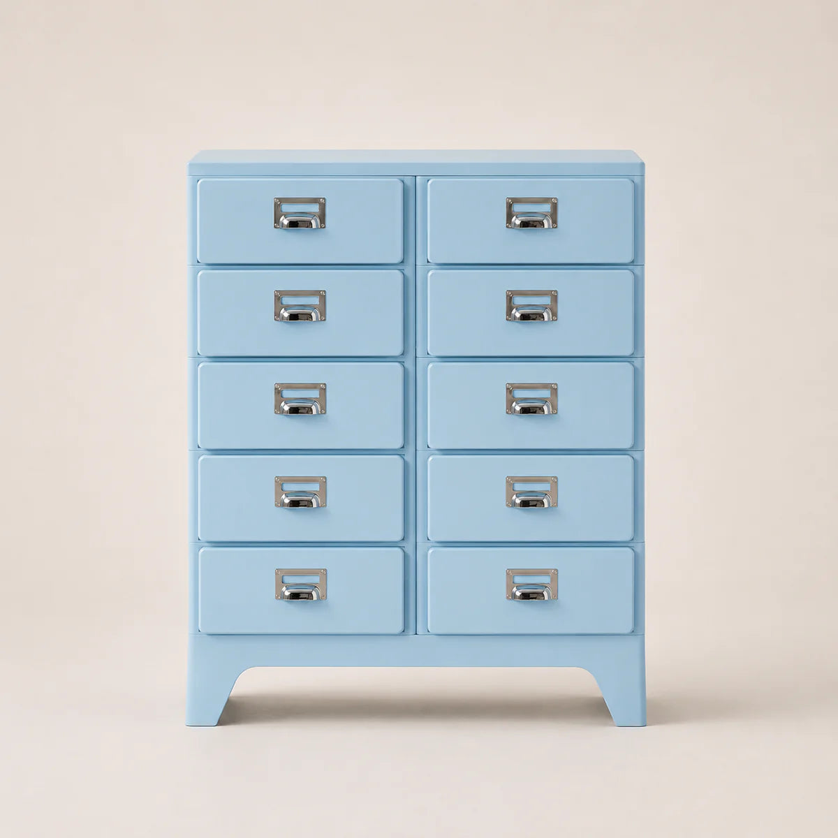 Light blue dresser with multiple drawers on a beige background