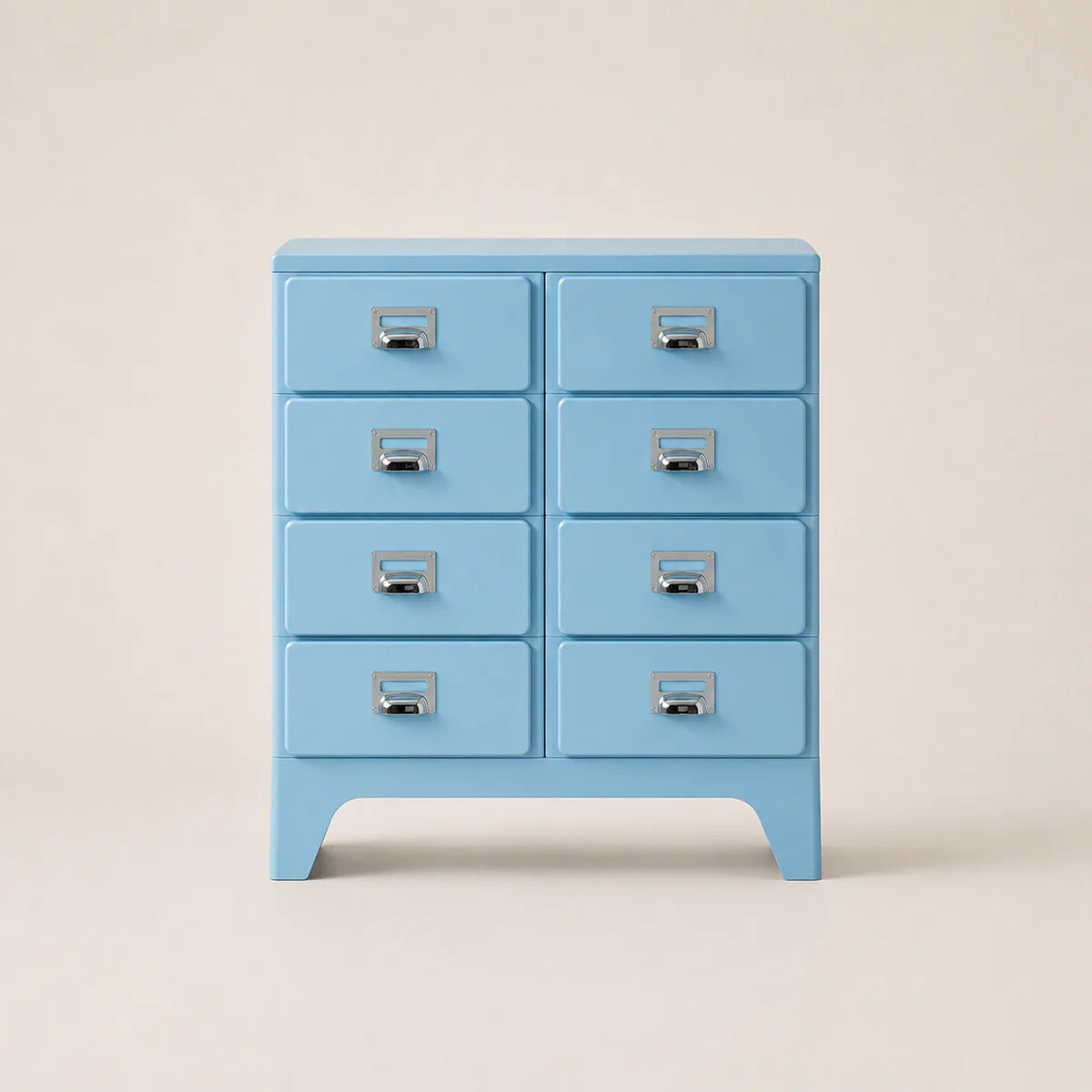 Light blue chest of drawers with six drawers on a beige background