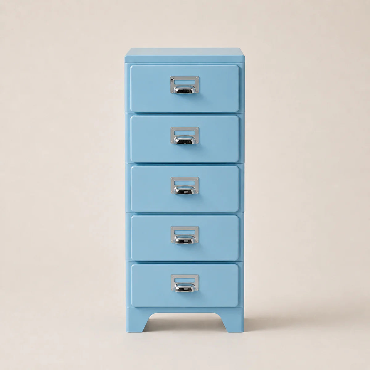 Light blue five-drawer filing cabinet with silver handles on a beige background
