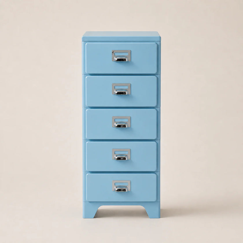 Light blue five-drawer filing cabinet with silver handles on a beige background