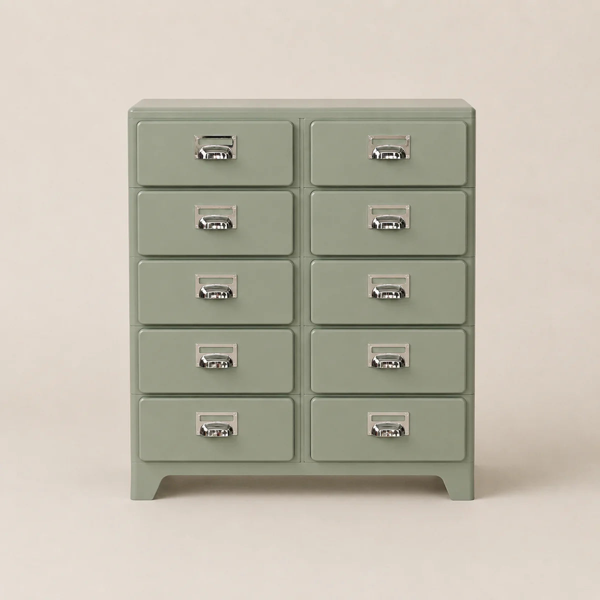 Green dresser with multiple drawers on a beige background