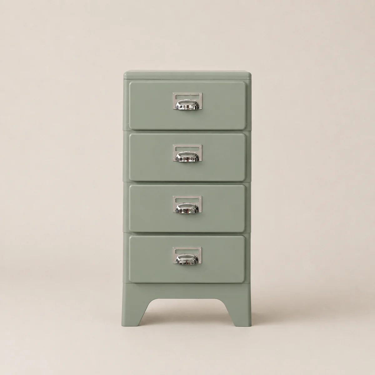 Green chest of drawers with four drawers on a beige background
