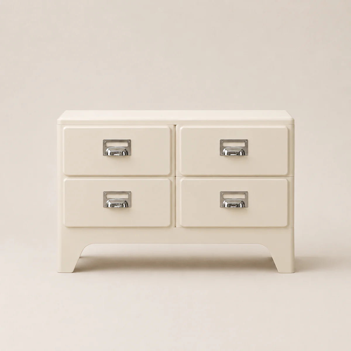 Beige dresser with four drawers on a beige background