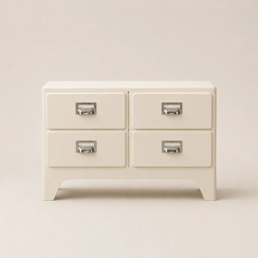 Beige dresser with four drawers on a beige background