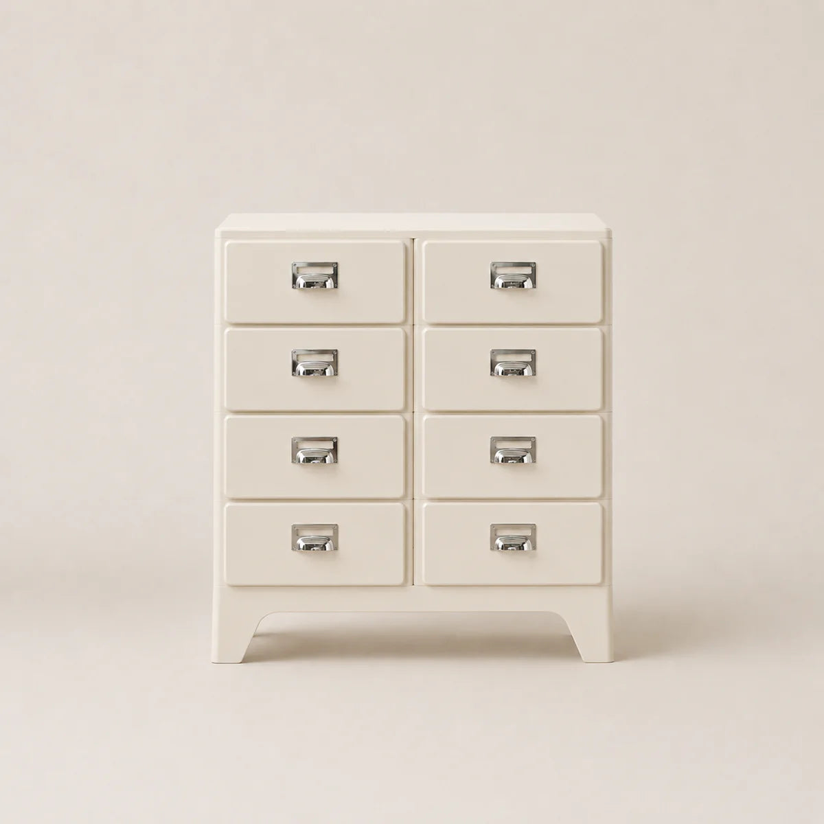 White dresser with multiple drawers on a plain background