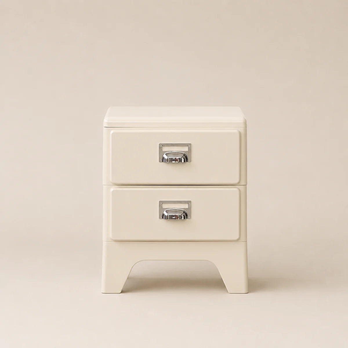 White nightstand with two drawers on a beige background