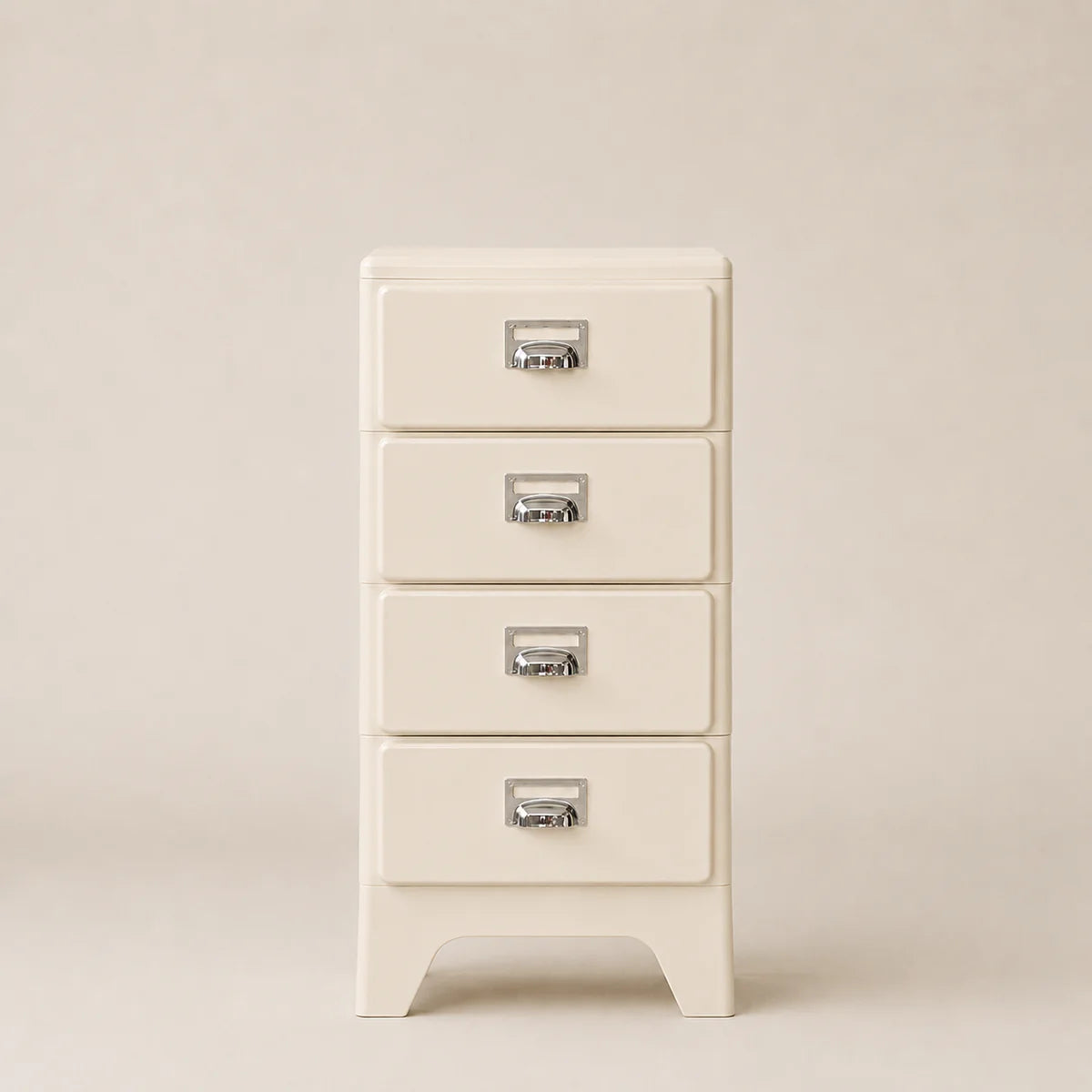 White four-drawer cabinet with silver handles on a beige background