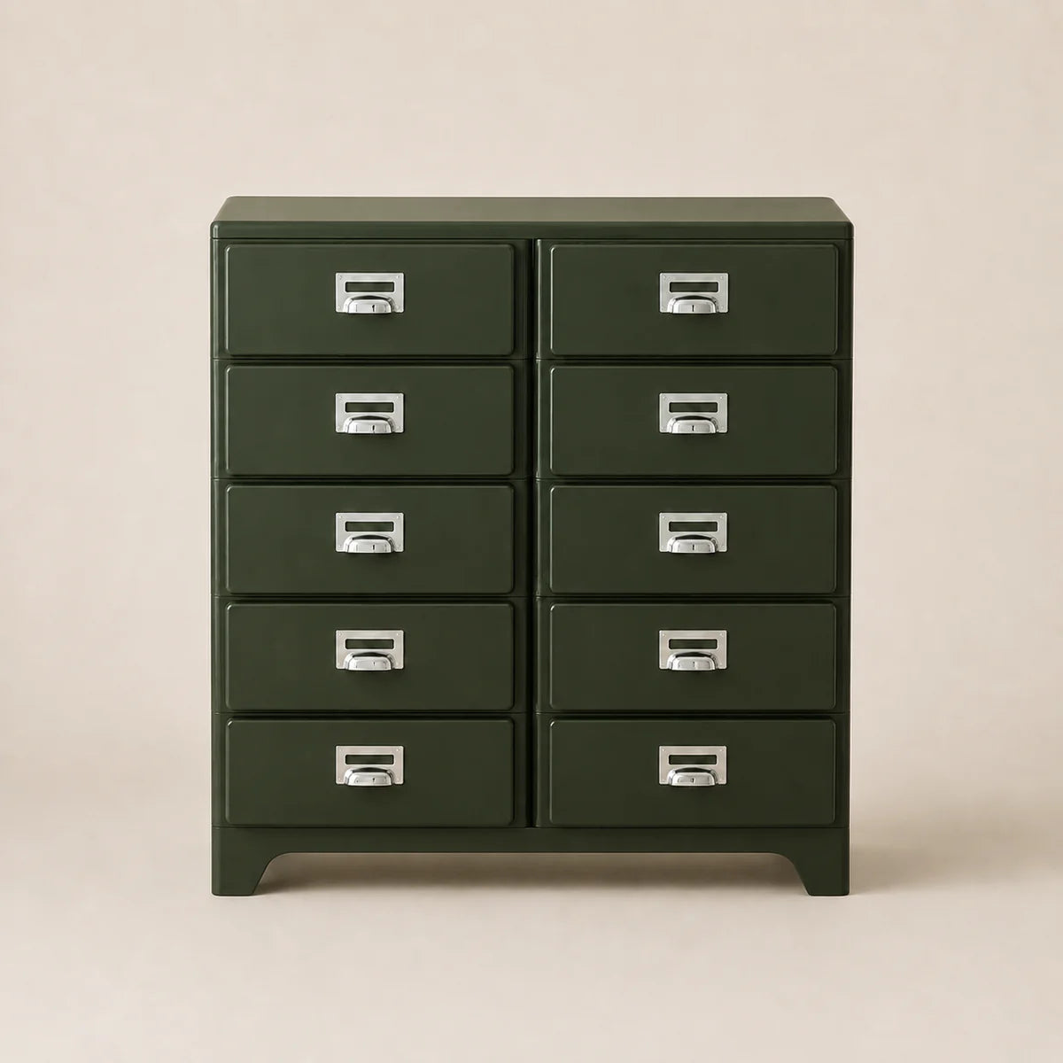Green metal cabinet with multiple drawers on a beige background