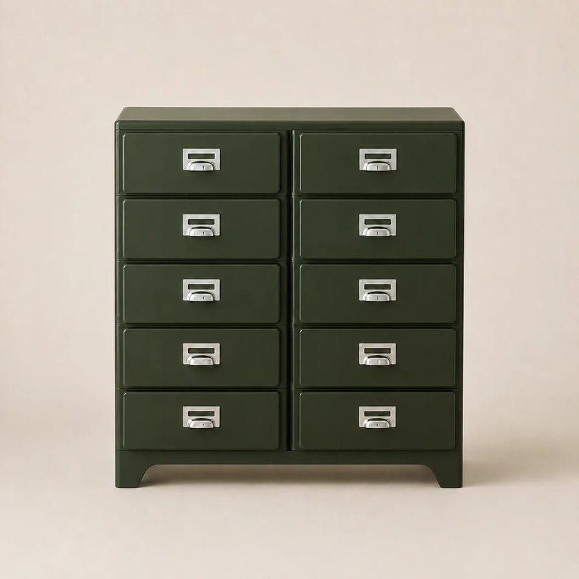 Green metal cabinet with multiple drawers on a beige background