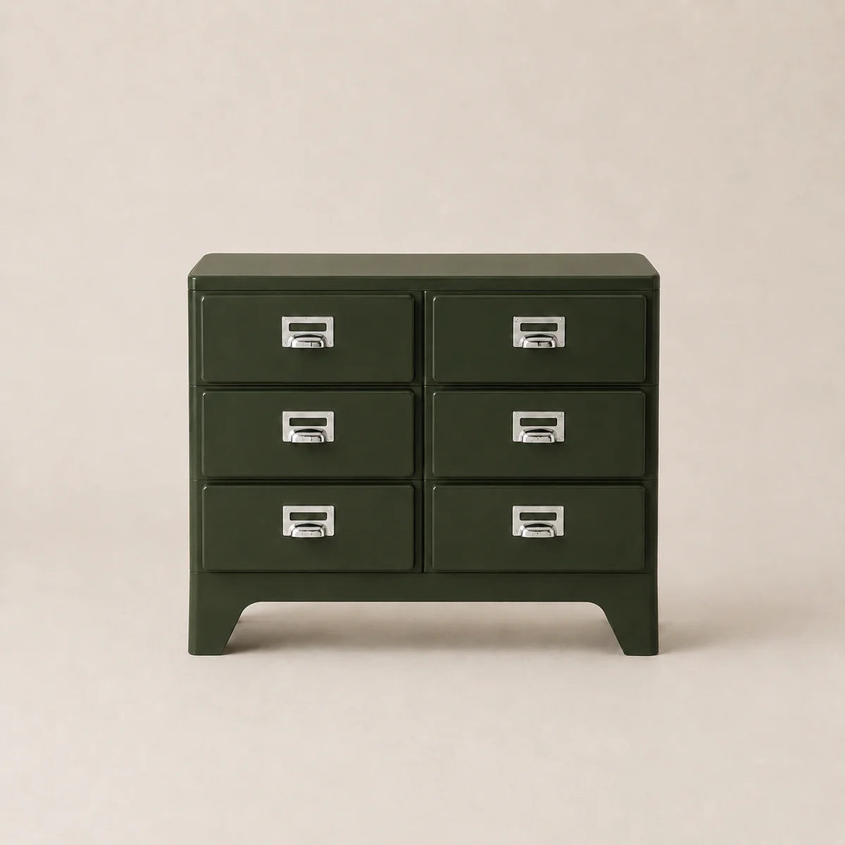 Green dresser with six drawers on a beige background