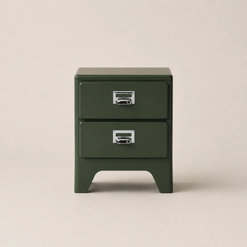Green two-drawer nightstand with metal handles on a beige background