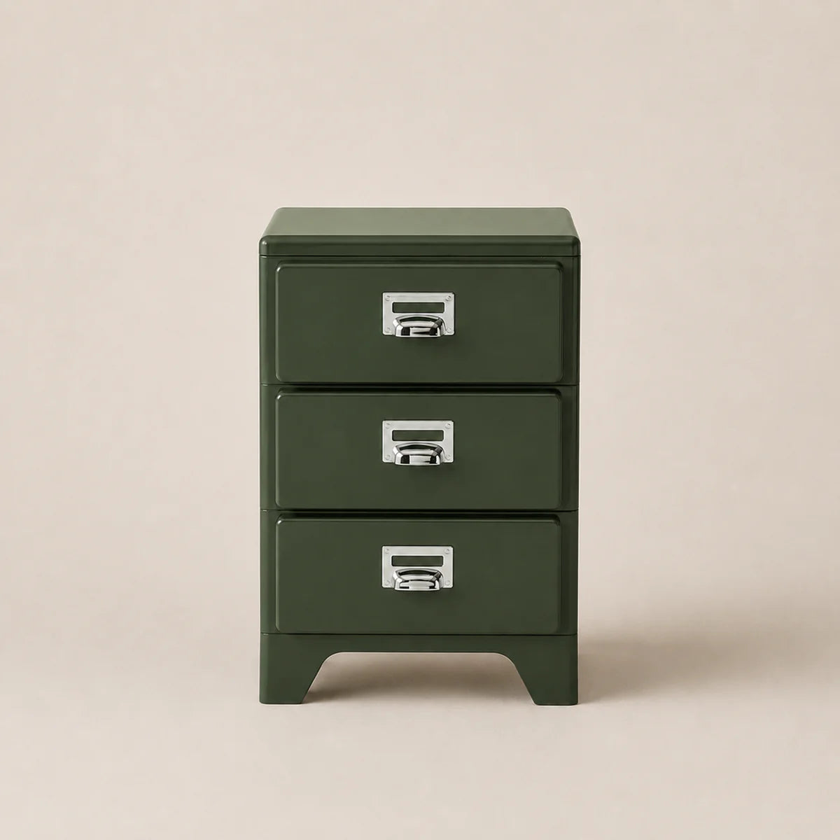 Green three-drawer filing cabinet on a beige background