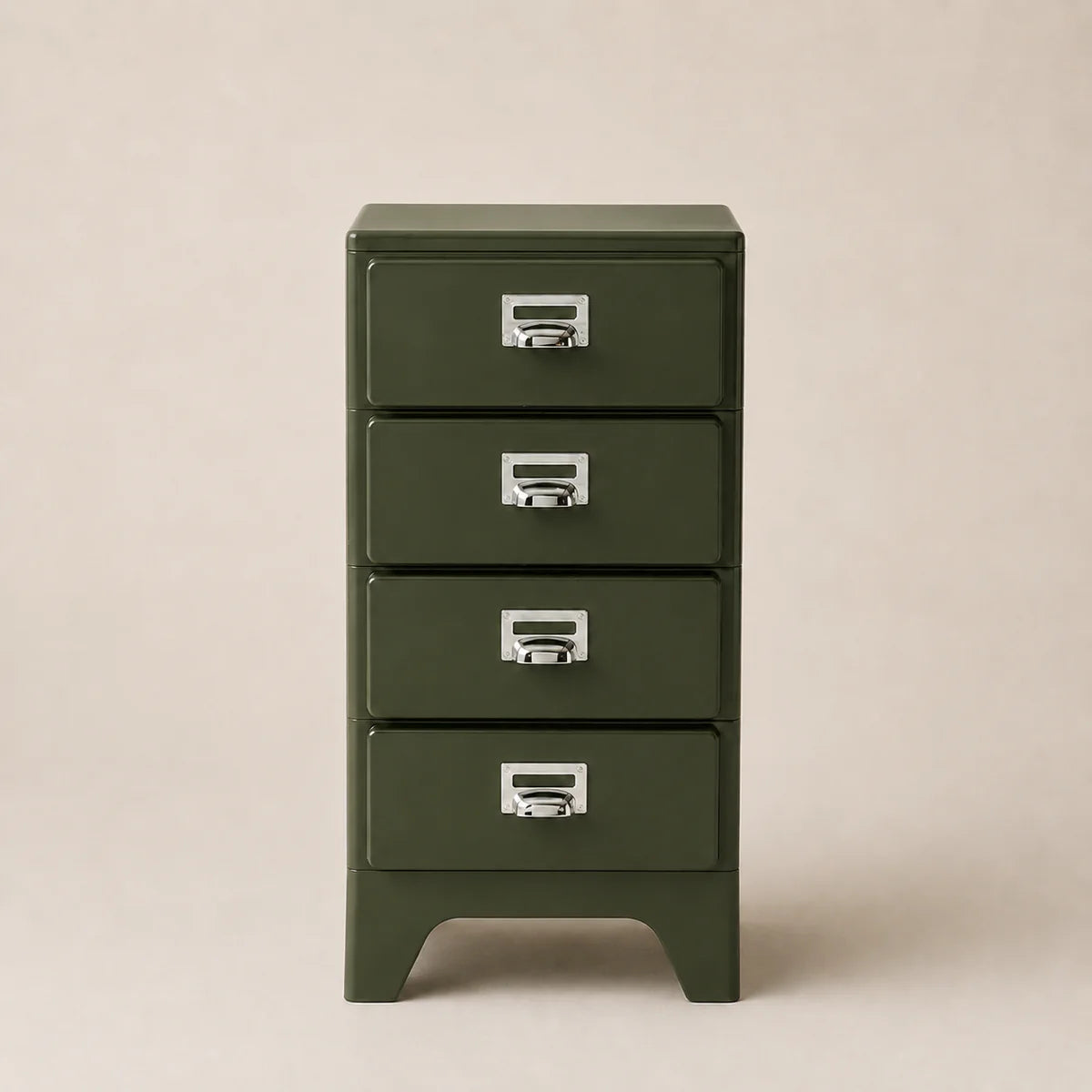 Green metal cabinet with four drawers on a beige background