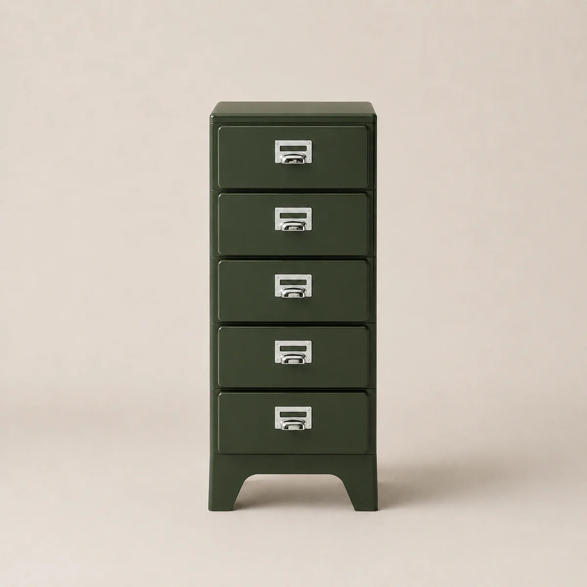 Green metal file cabinet with four drawers on a beige background