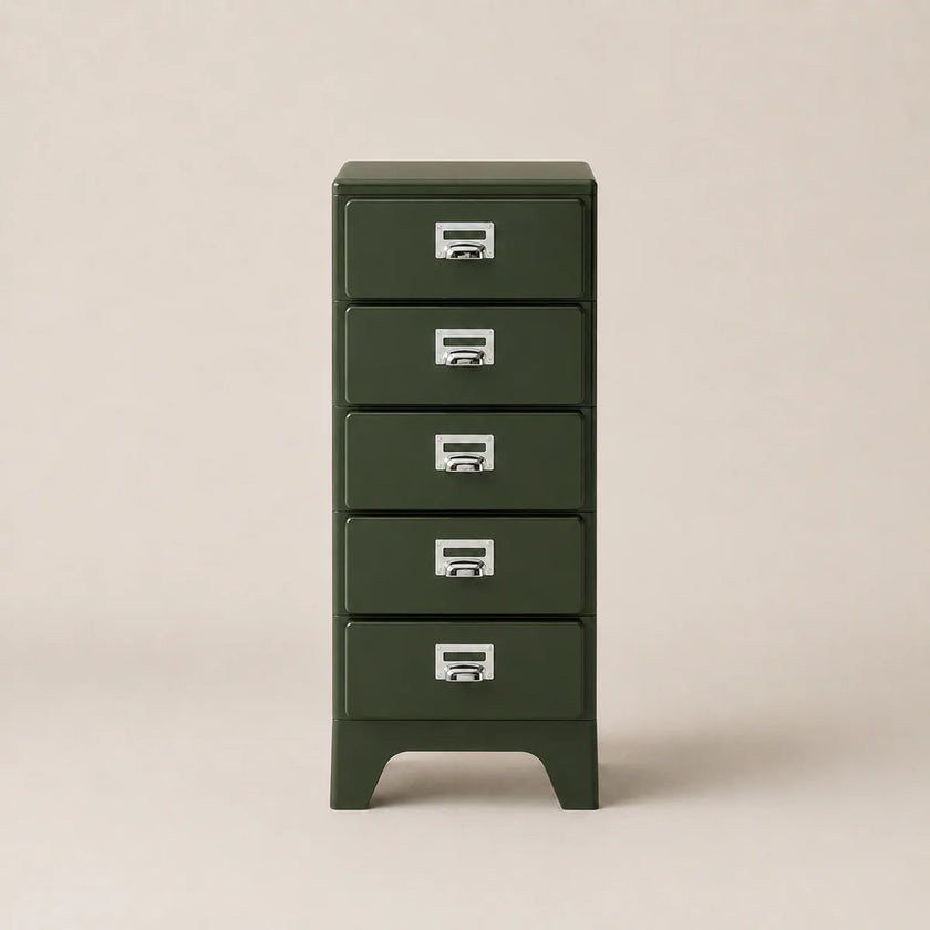 Green metal file cabinet with four drawers on a beige background