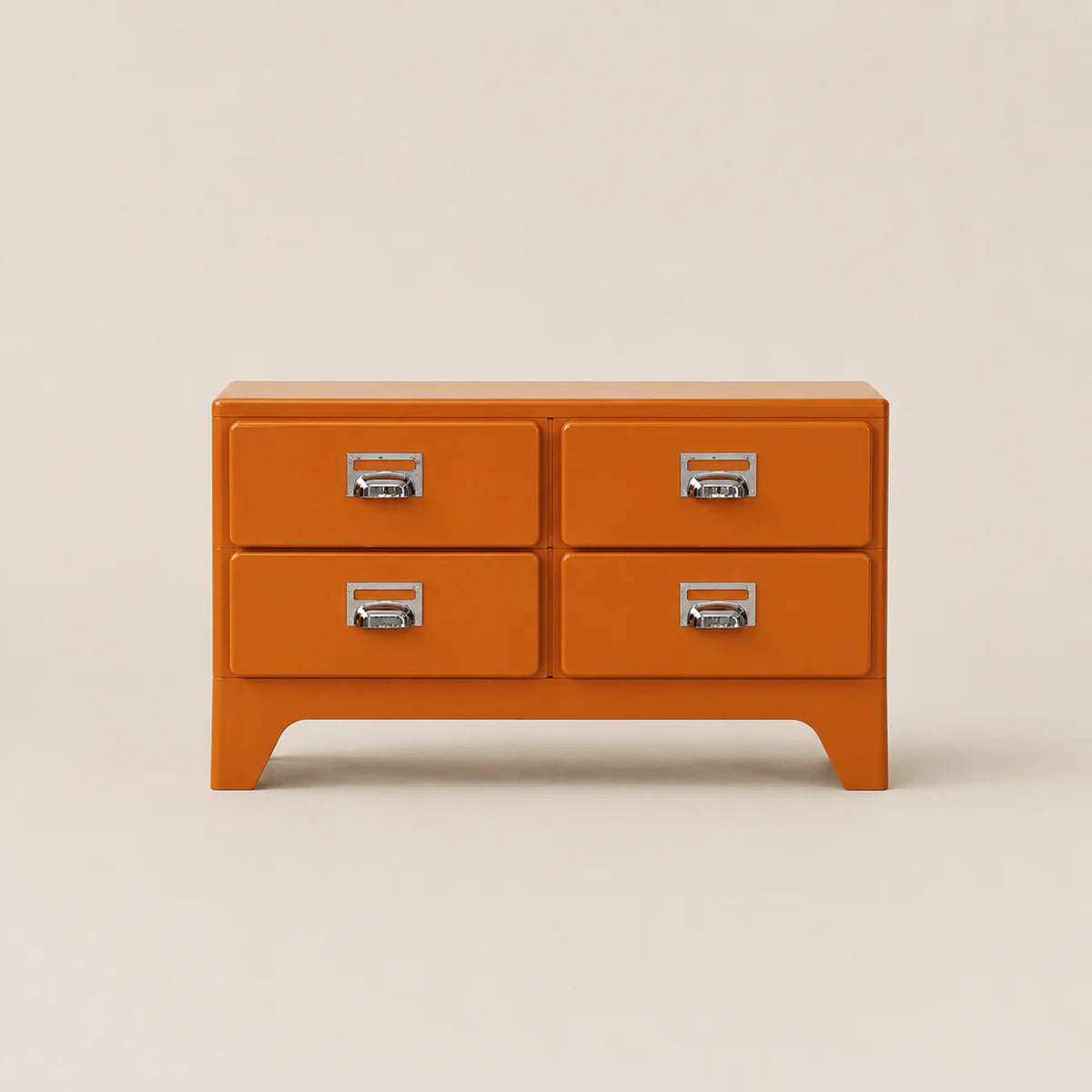 Orange dresser with four drawers on a beige background