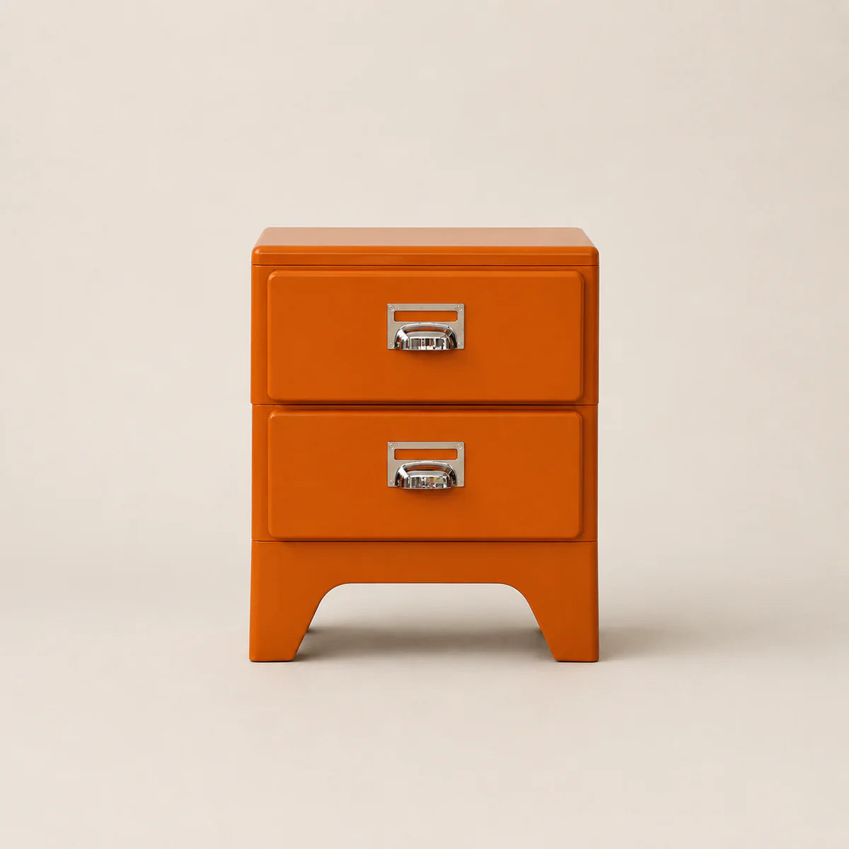Orange two-drawer nightstand with metal handles on a beige background