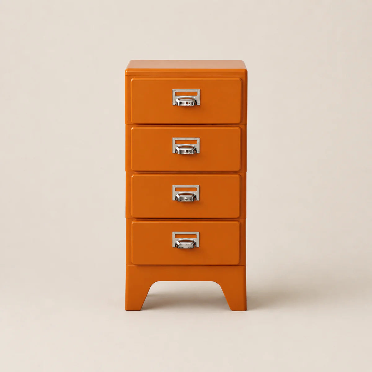 Orange four-drawer chest with silver handles on a beige background