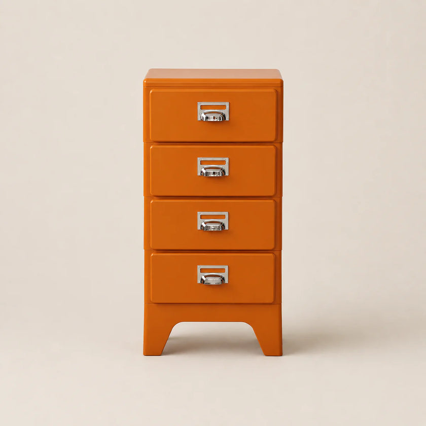 Orange four-drawer chest with silver handles on a beige background