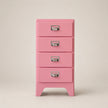 Pink four-drawer cabinet with silver handles on a beige background