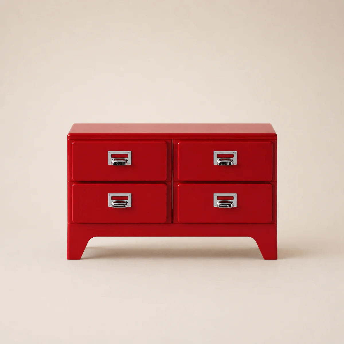 Red dresser with four drawers on a beige background
