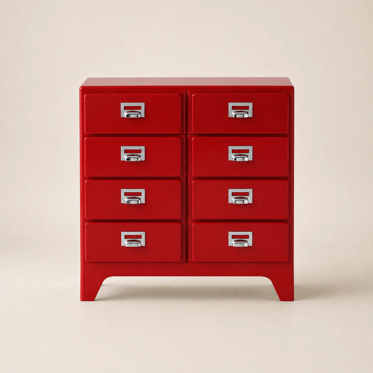 Red dresser with multiple drawers on a beige background